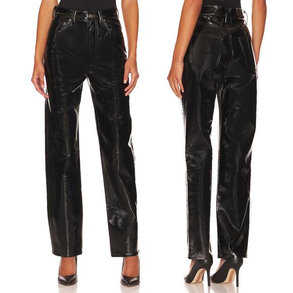 AGOLDE 90s Pinch Waist Recycled Leather Pants Black Patent Size 29 - Picture 1 of 5